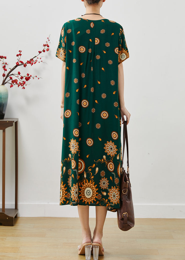 Classy Green Oversized Print Cotton Maxi Dress Summer