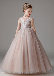 Classy Pink O-Neck Sequins Patchwork Tulle Kids Long Dress Sleeveless