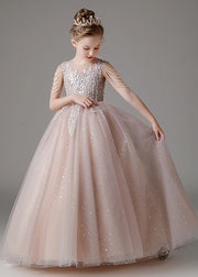 Classy Pink O-Neck Sequins Patchwork Tulle Kids Long Dress Sleeveless