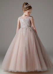 Classy Pink O-Neck Sequins Patchwork Tulle Kids Long Dress Sleeveless