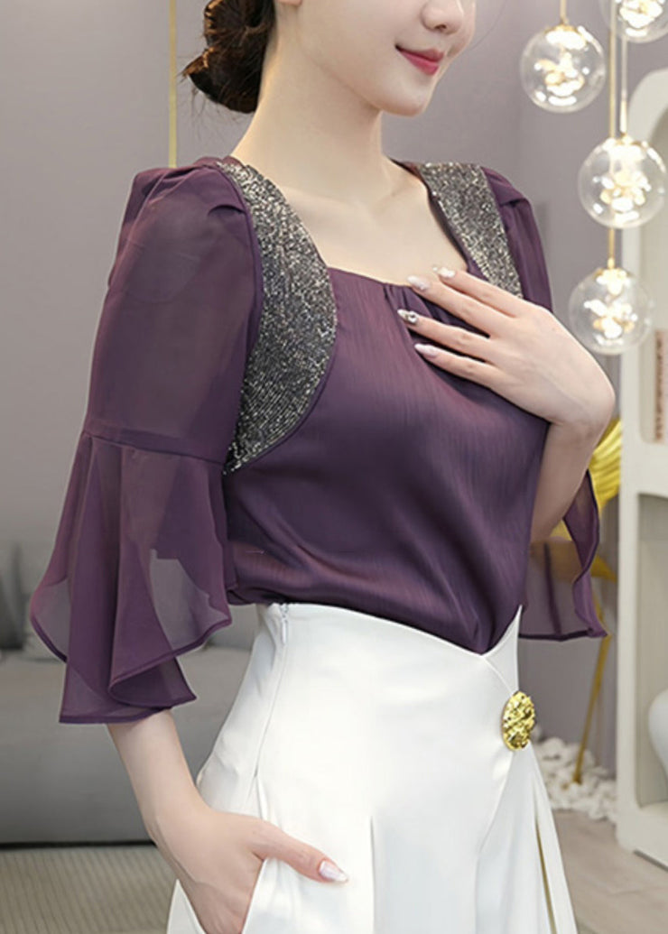 Classy Purple Square Collar Patchwork Chiffon Tops Butterfly Sleeve