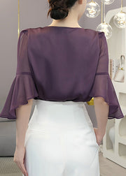 Classy Purple Square Collar Patchwork Chiffon Tops Butterfly Sleeve