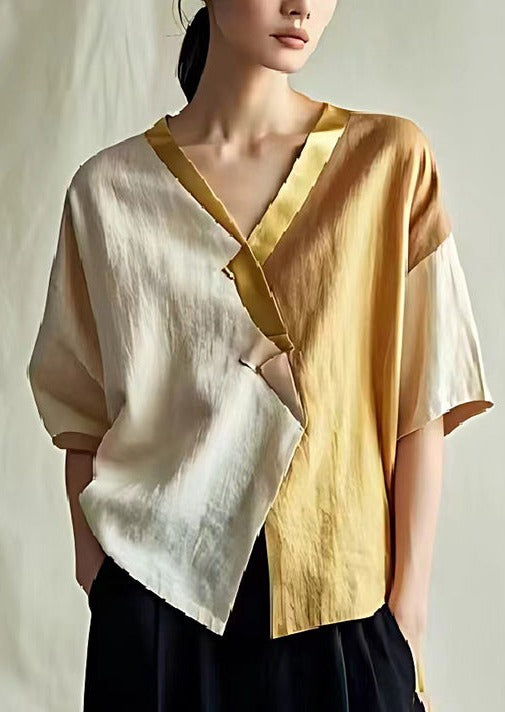 Colorblock Patchwork Linen Blouse Tops V Neck Summer