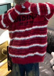 Cozy Red Striped Thick Mink Hair Knitted Men Sweaters Fall