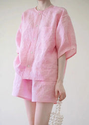 Cute Pink O-Neck Button Shirts And Shorts Two Pieces Set Summer