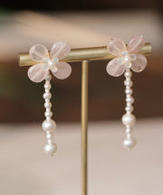 Cute Pink Weave Crystal Pearl Tassel Drop Earrings