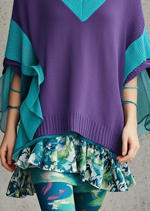 DIY Dull Purple V Neck Patchwork Tulle Sweater Fall