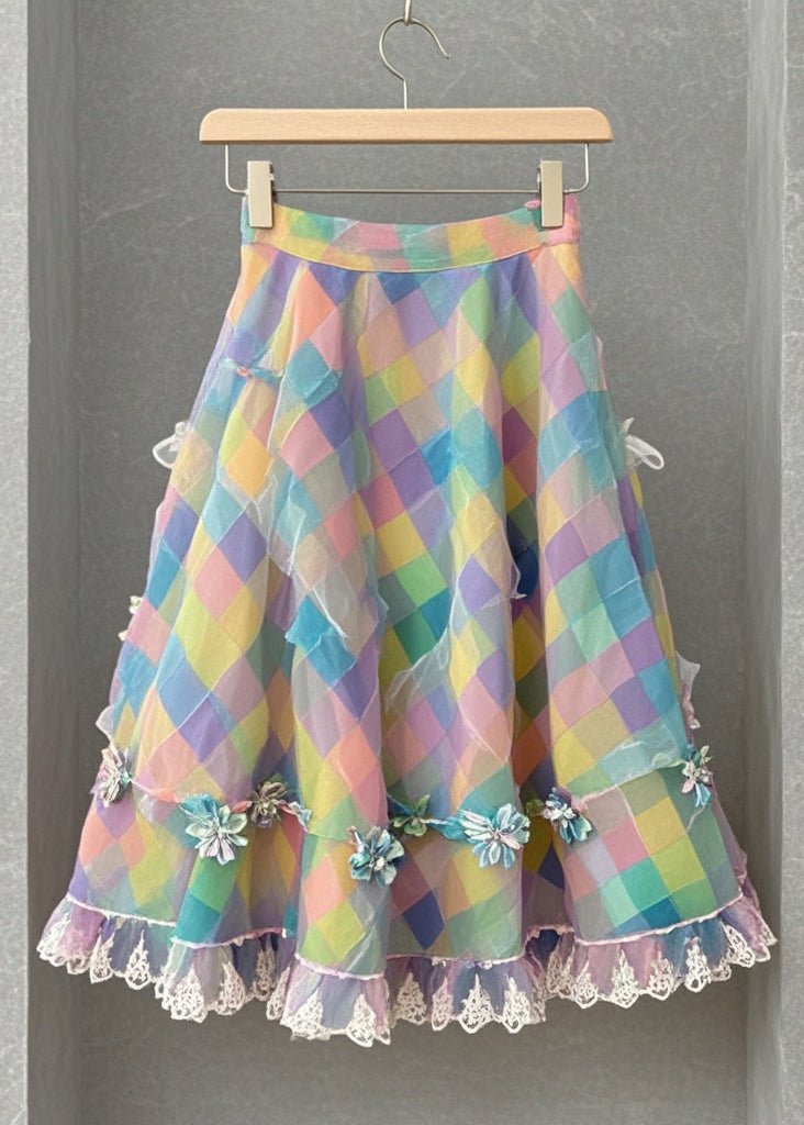 DIY Multicolor Plaid Flower Tulle Tea Skirt Summer