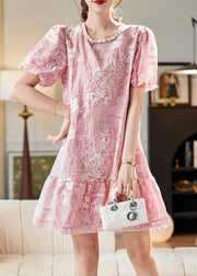 DIY Pink Embroidered Patchwork Nail Bead Chiffon Mid Dresses Short Sleeve