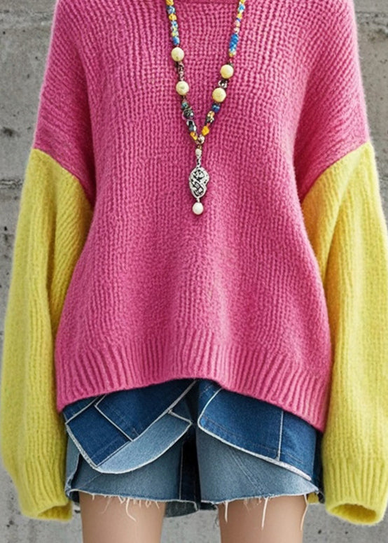 DIY Rose Oversized Patchwork Thick Knit Sweater Tops Fall