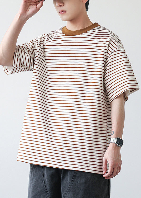 Diy Grey O Neck Striped Cotton T Shirts Summer