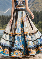 Elegant Apricot Ruffled Print Exra Large Hem Chiffon Skirts Fall