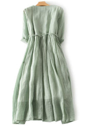 Elegant Green Ruffled Button Tie Waist Cotton Long Dress Half Sleeve