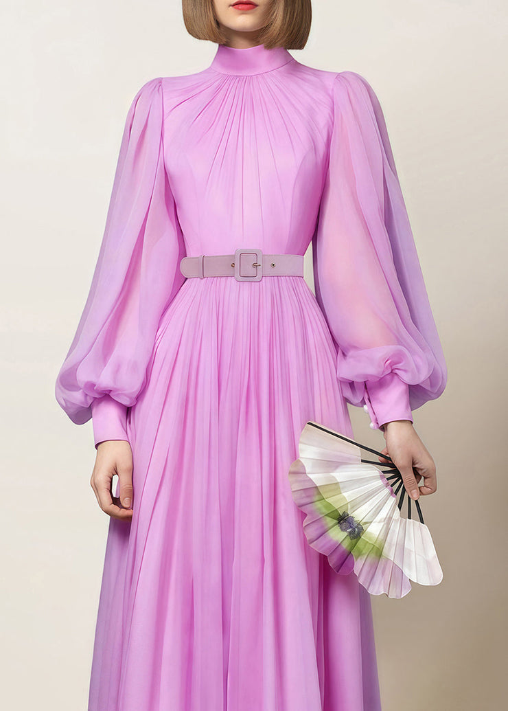 Elegant Pink Zippered Wrinkled Chiffon Maxi Dresses Fall