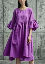 Elegant Purple Oversized Cotton Day Dress Flare Sleeve