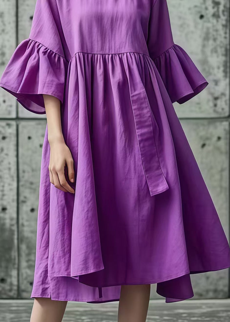 Elegant Purple Oversized Cotton Day Dress Flare Sleeve