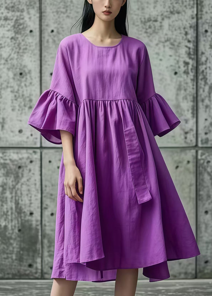 Elegant Purple Oversized Cotton Day Dress Flare Sleeve