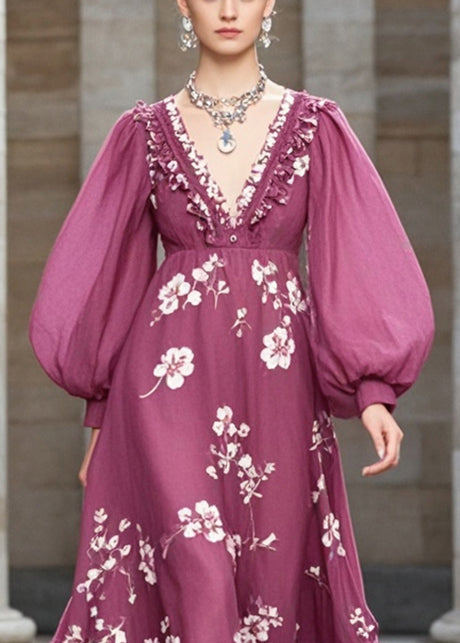 Elegant Purple Ruffled Print Chiffon Robe Dresses Fall