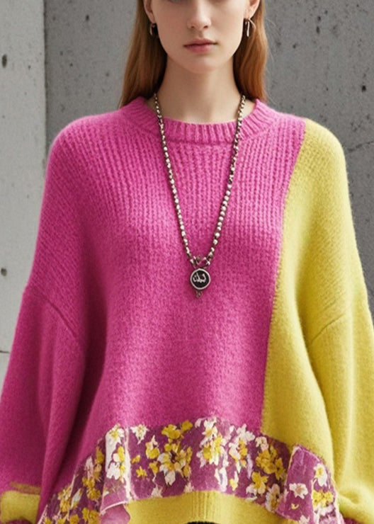 Elegant Rose Oversized Patchwork Cozy Knit Sweater Fall