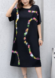 Fashion Black O Neck Print Nail Bead Cotton Dress Summer