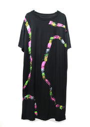 Fashion Black O Neck Print Nail Bead Cotton Dress Summer