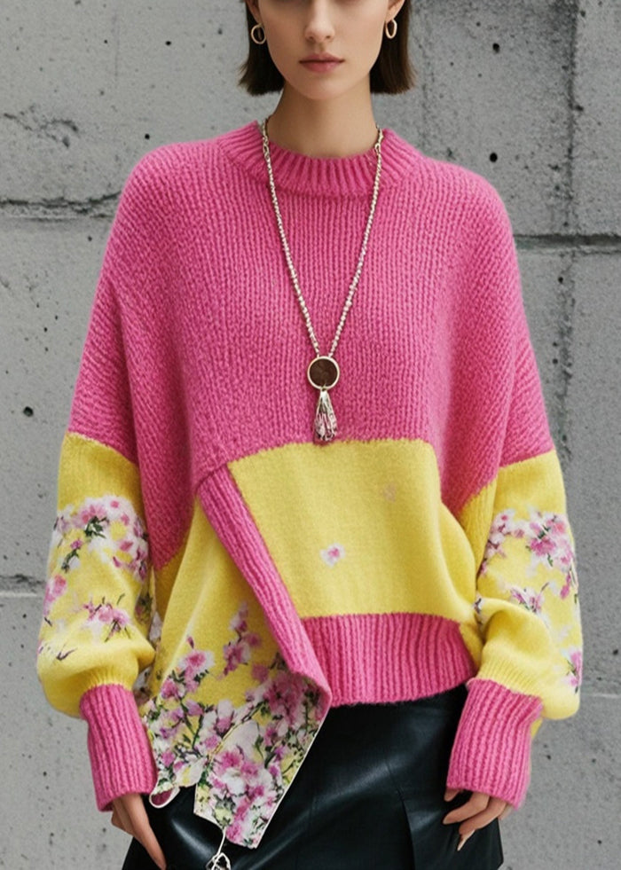 Fashion Pink Asymmetrical Patchwork Knit Pullover Fall