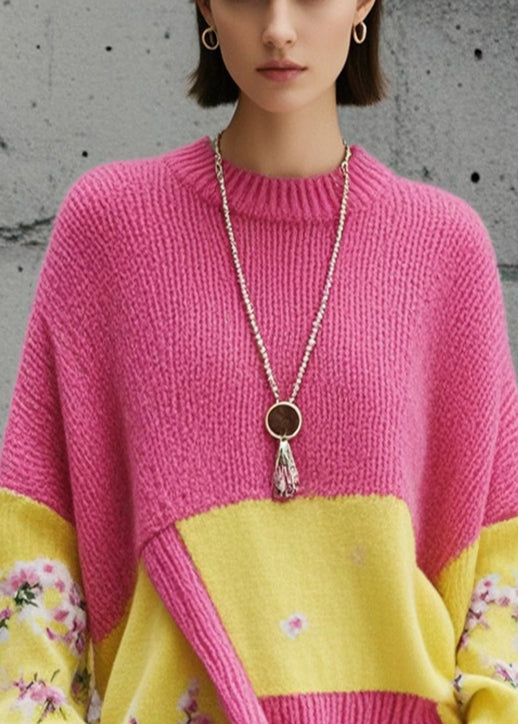 Fashion Pink Asymmetrical Patchwork Knit Pullover Fall