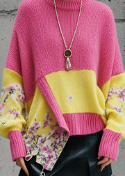 Fashion Pink Asymmetrical Patchwork Knit Pullover Fall