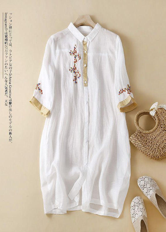 Fashion Pink Embroideried Patchwork Linen Shirt Dress Summer