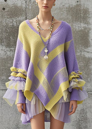 Fashion Purple Asymmetrical Patchwork Tulle Knitwear Dress Fall