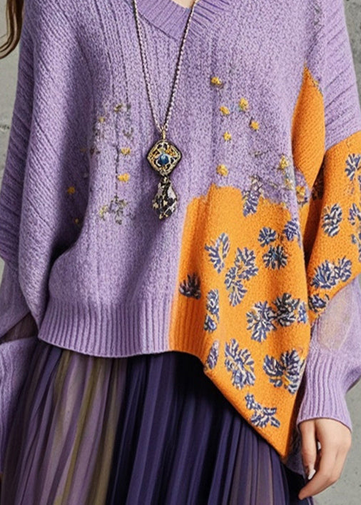 Fashion Purple Asymmetrical Print Knit Loose Sweater Fall