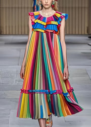 Fashion Rainbow Ruffled Striped Chiffon Holiday Pleated Dress Summer