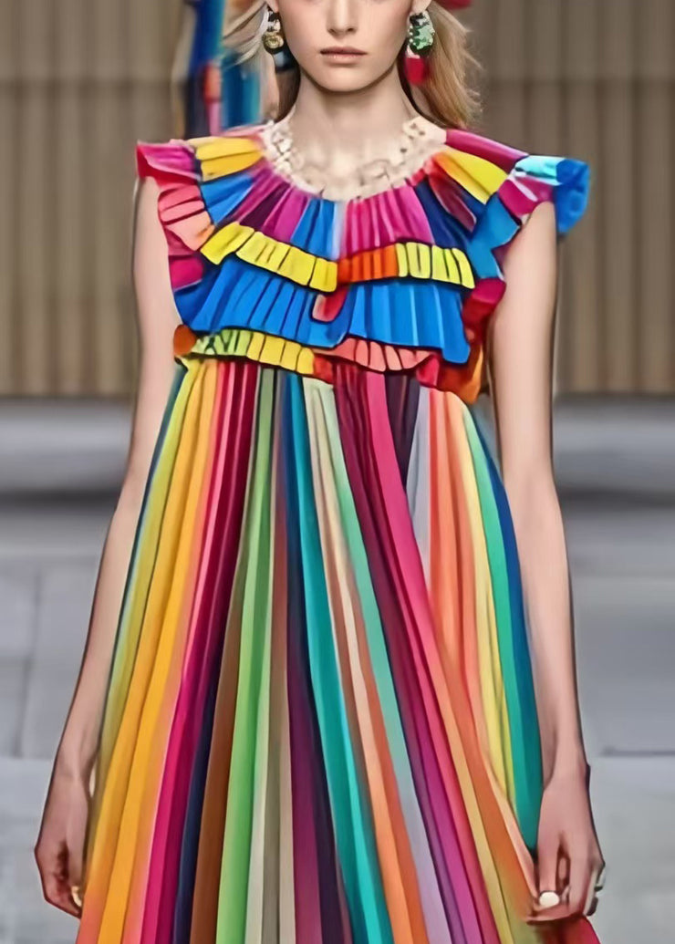 Fashion Rainbow Ruffled Striped Chiffon Holiday Pleated Dress Summer