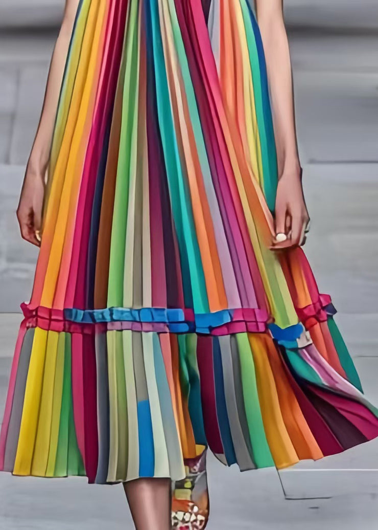 Fashion Rainbow Ruffled Striped Chiffon Holiday Pleated Dress Summer