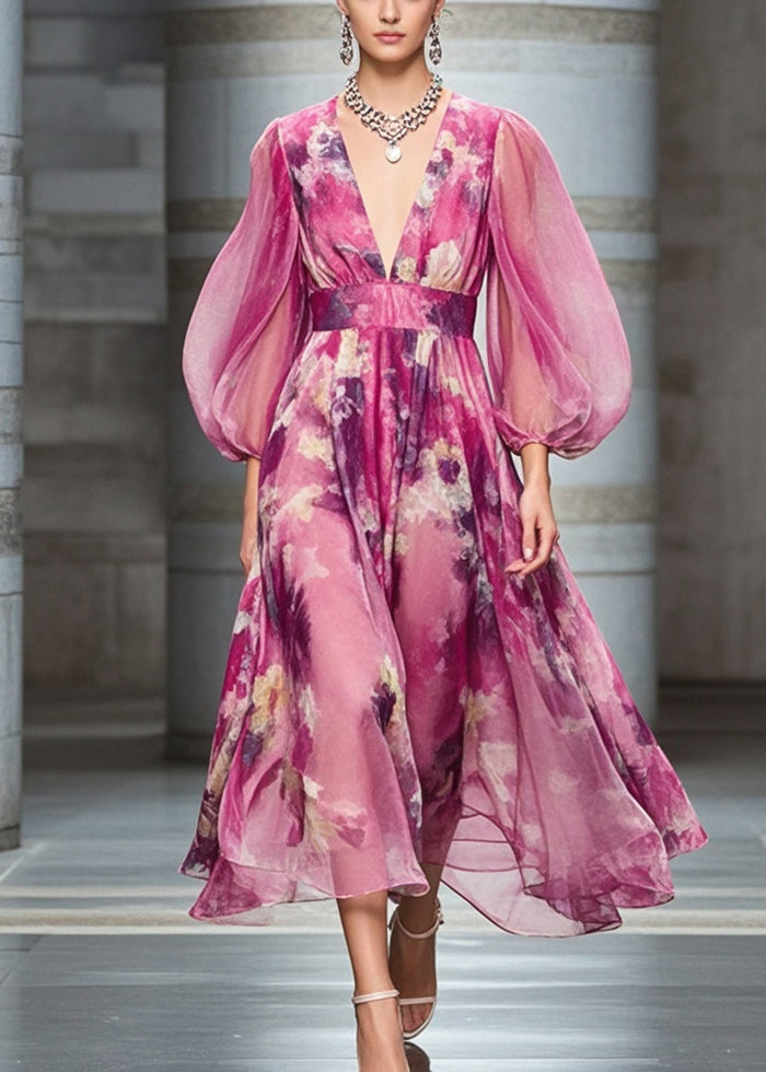 Fashion Rose Cinched Print Chiffon Robe Dresses Bracelet Sleeve