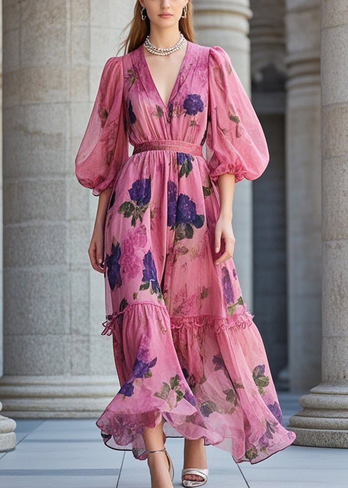 Fashion Rose Cinched Print Chiffon Robe Dresses Summer