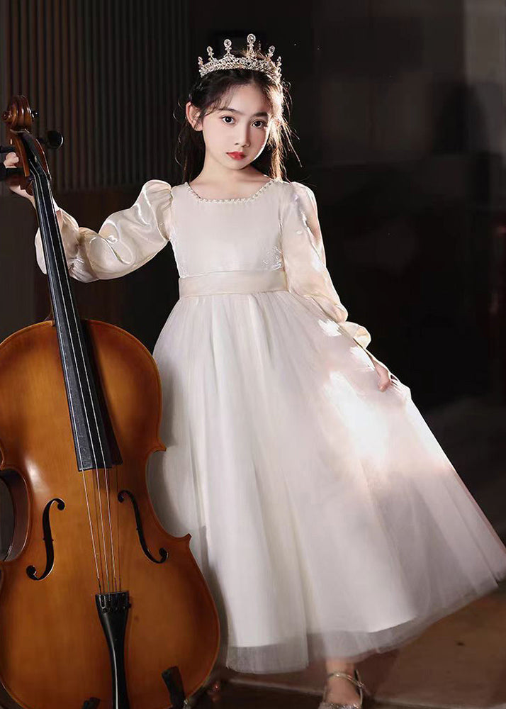 Fine Champagne Square Collar Nail Bead Tulle Kids Long Dress Puff Sleeve