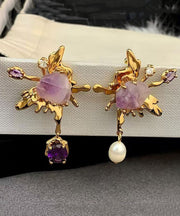 Fine Gold Copper Overgild Zircon Pearl Crystal Asymmetrical Butterfly Drop Earrings