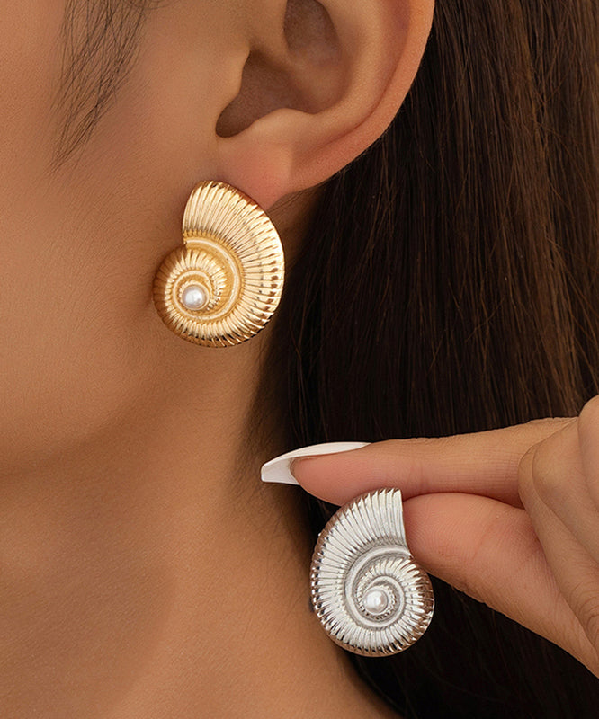 Fine Gold Sterling Silver Overgild Inlaid Pearl Snail Shell Stud Earrings