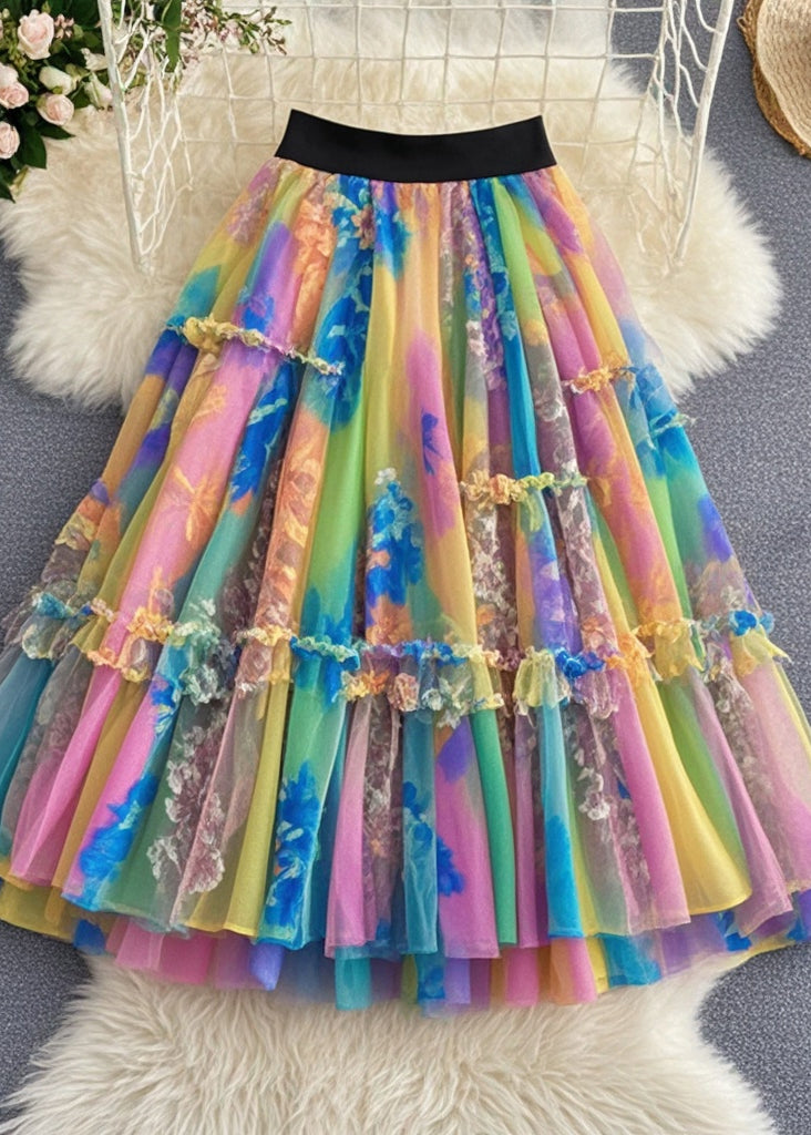 Fine Gradient Color Ruffled Tulle Skirts Summer