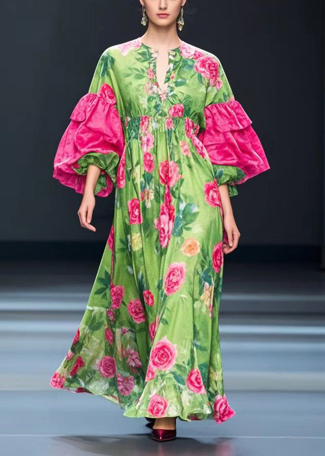 Fine Green Puff Sleeve Floral Silk Velvet Maxi Dresses Fall