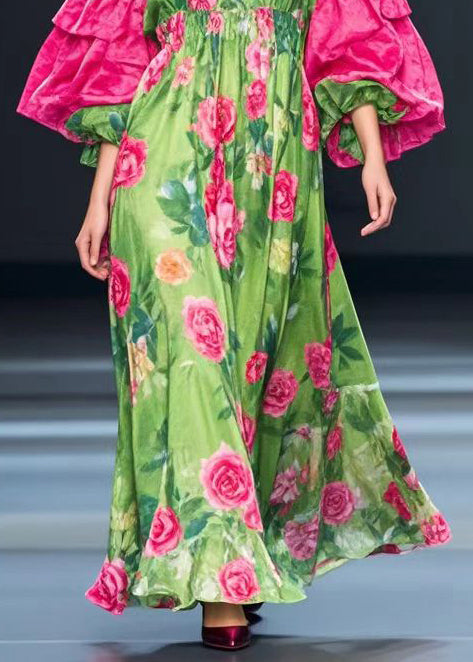 Fine Green Puff Sleeve Floral Silk Velvet Maxi Dresses Fall