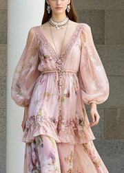 Fine Pink V Neck Print Ruffles Chiffon Holiday Dresses Fall