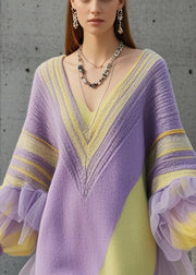 Fine Purple Oversized Patchwork Tulle Long Sweater Fall