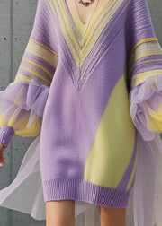 Fine Purple Oversized Patchwork Tulle Long Sweater Fall