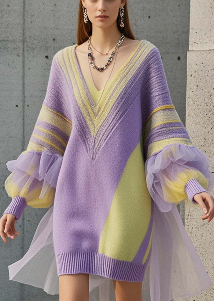 Fine Purple Oversized Patchwork Tulle Long Sweater Fall