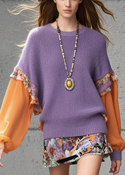 Fine Purple Ruffled Patchwork Knitted Tops Fall