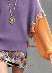 Fine Purple Ruffled Patchwork Knitted Tops Fall