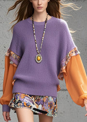 Fine Purple Ruffled Patchwork Knitted Tops Fall