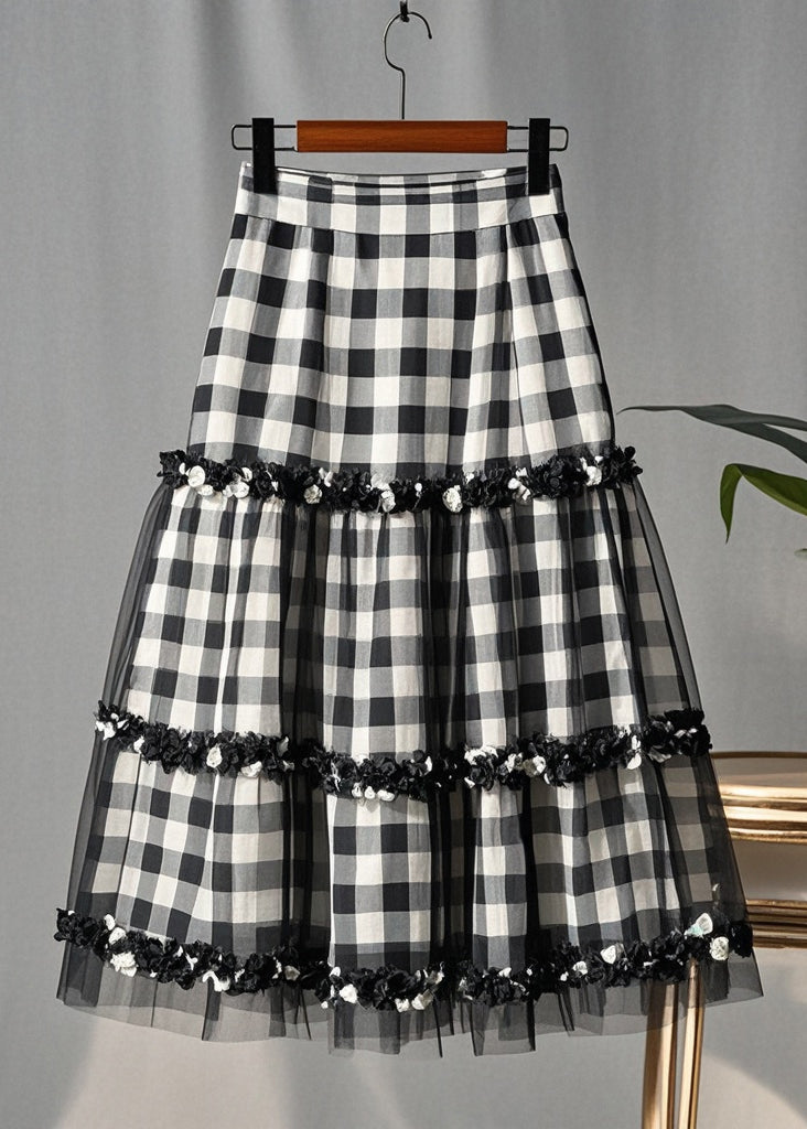 Fitted Grey Ruffled Plaid Patchwork Tulle Skirts Summer